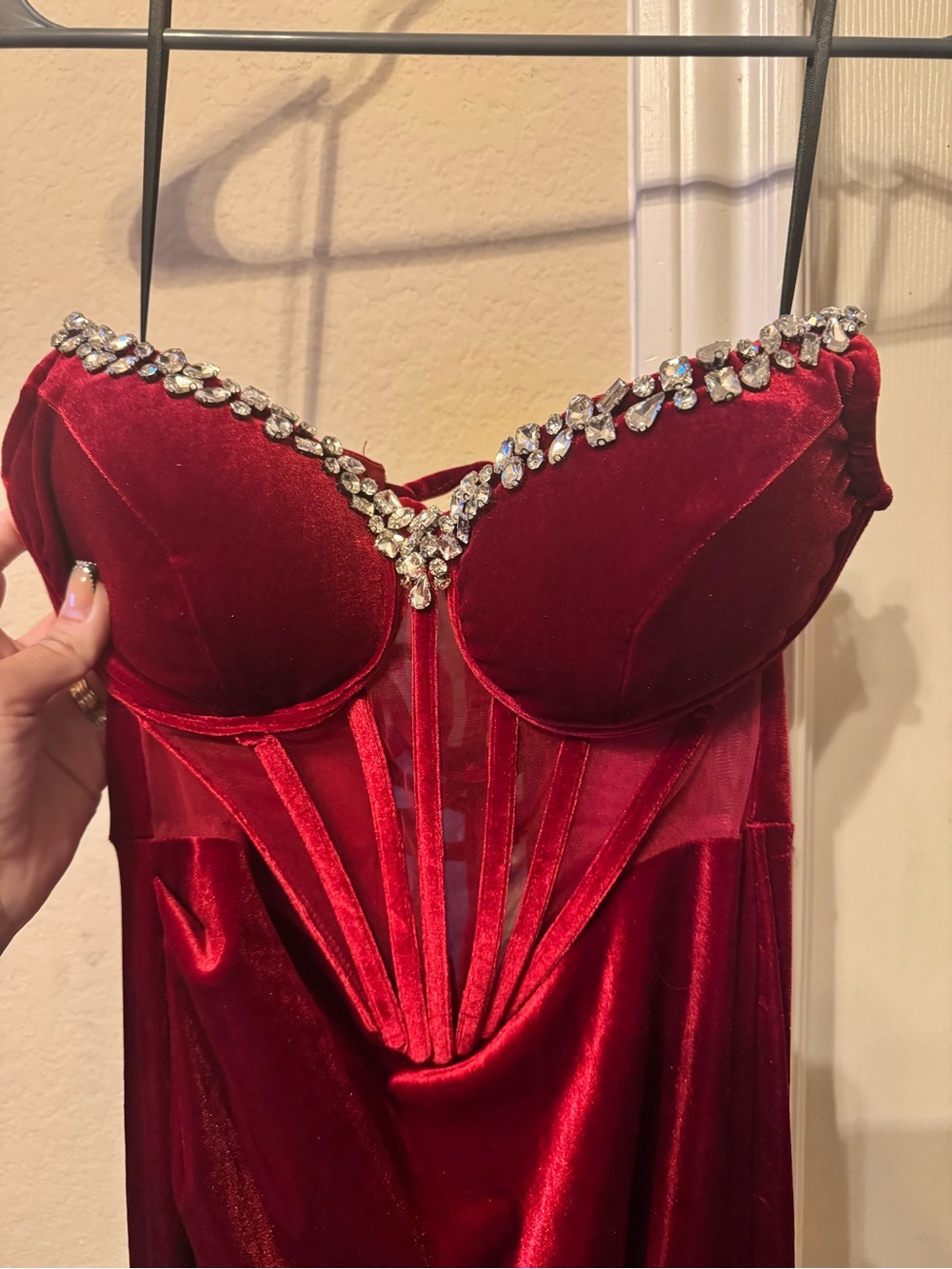 Red Velvet Rhinestone-Trim Bustier Nightgown
